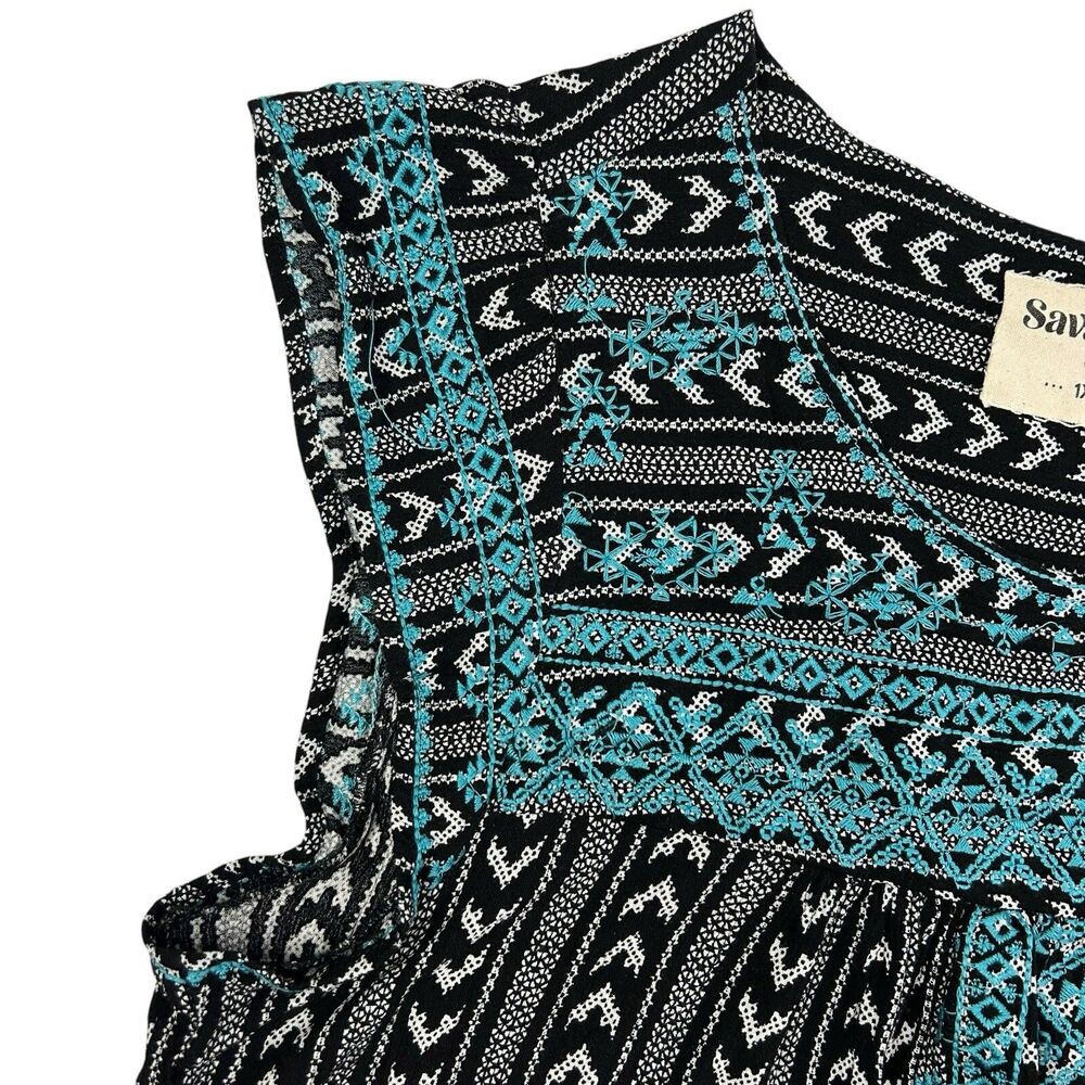 Savana Jane Embroidered Peasant Blouse Size 1X Black Blue Boho Hippie Cap Sleeve - Picture 5 of 10